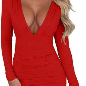 LAGSHIAN Women's Sexy Bodycon Long Sleeve V Neck Ruched Mini Club Dress